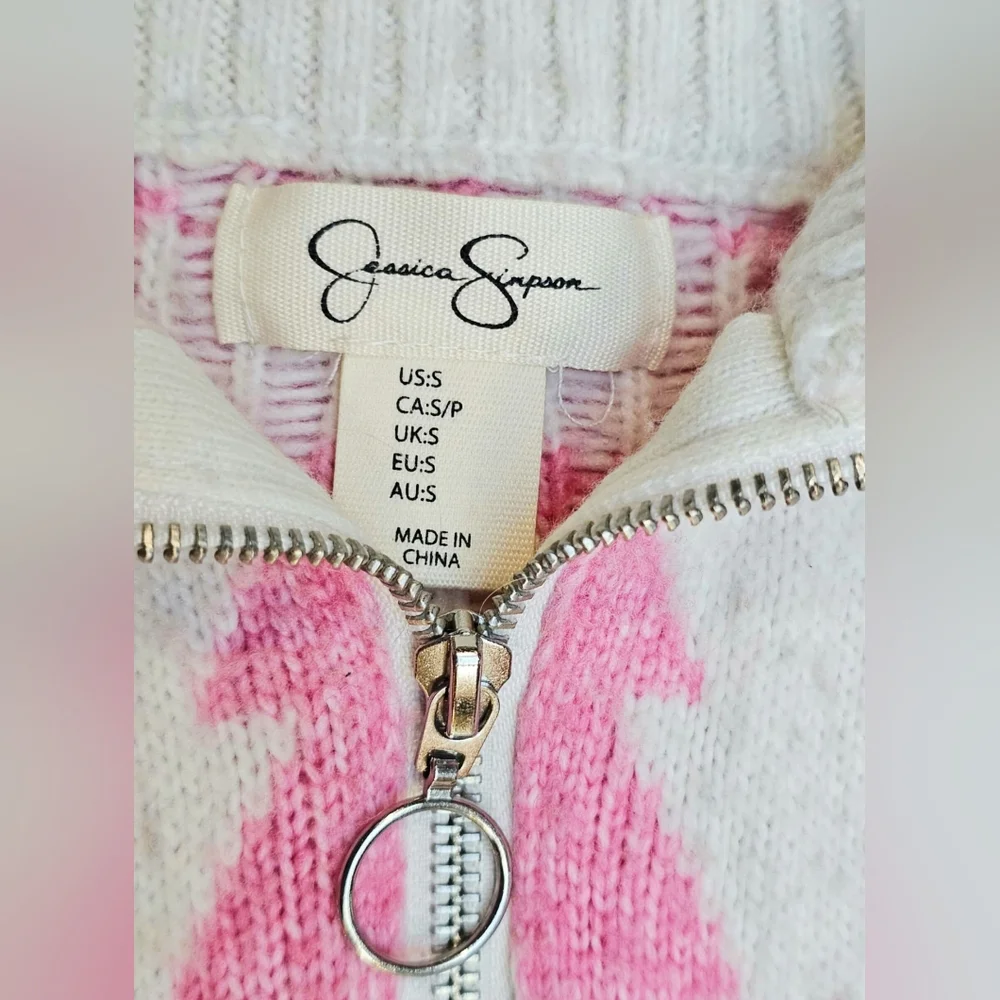 Jessica Simpson Winter Fuzzy Pink Christmas Tree Heart Cropped Half Zip Sweater - Picture 9 of 11